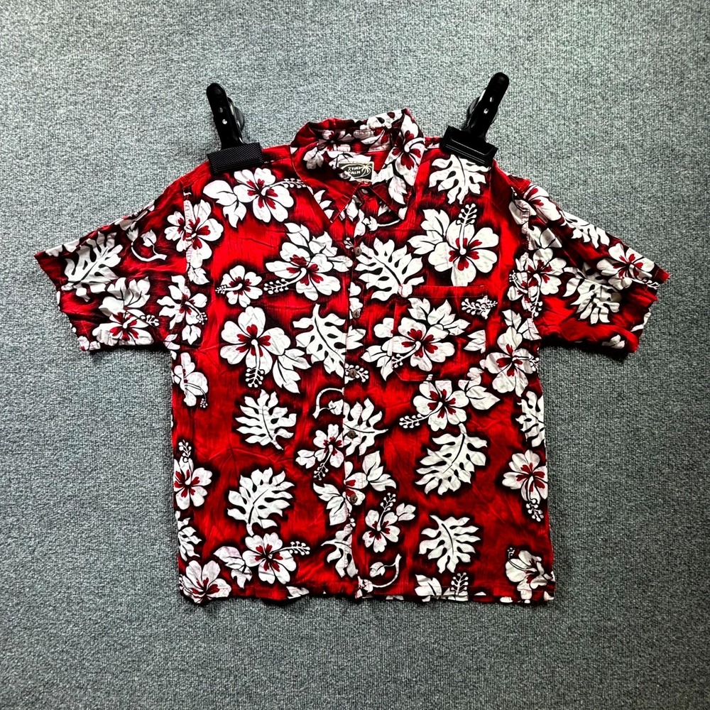 Tiki Palm Aloha Shirt Mens XL Red White Floral Hawaiian Beach Rayon Button Up